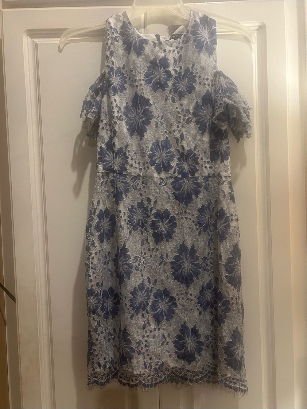 French Connection White Dress with Blue Floral Lace Accents